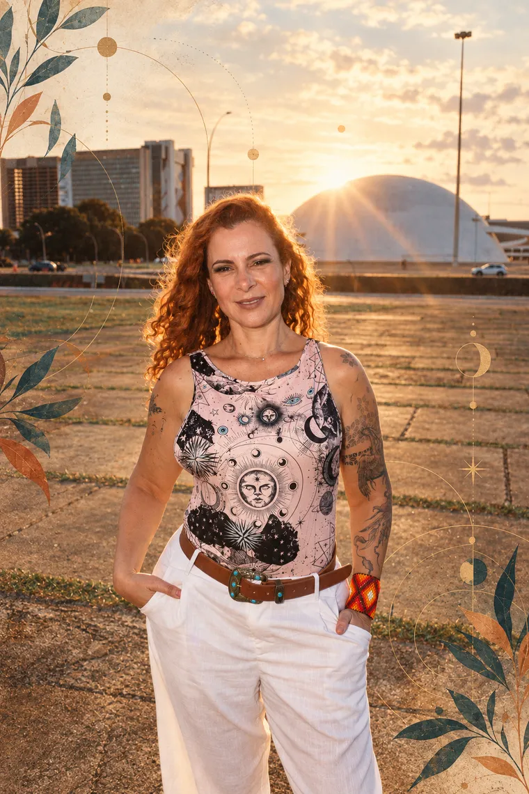 Jaya em pé, de top estampado, com o pôr do sol de Brasília ao fundo