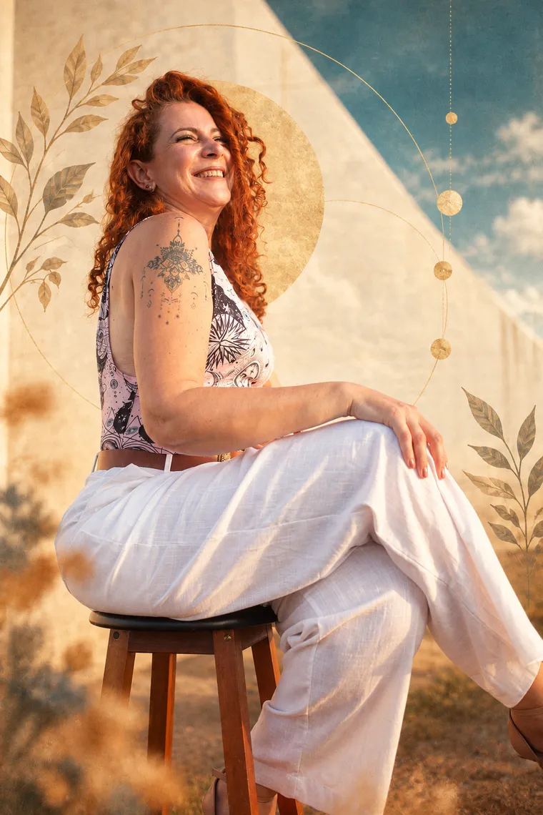 Jaya sentada num banco, rindo, de top estampado