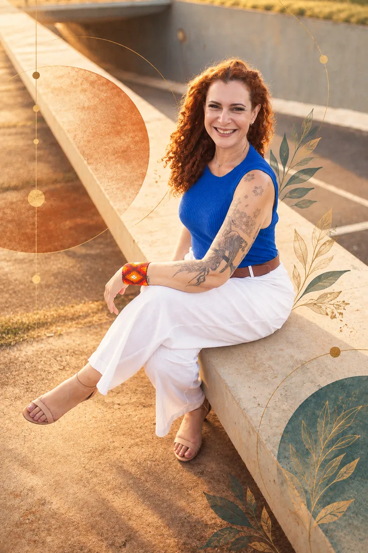 Jaya sentada num banco de concreto, sorrindo, de regata azul