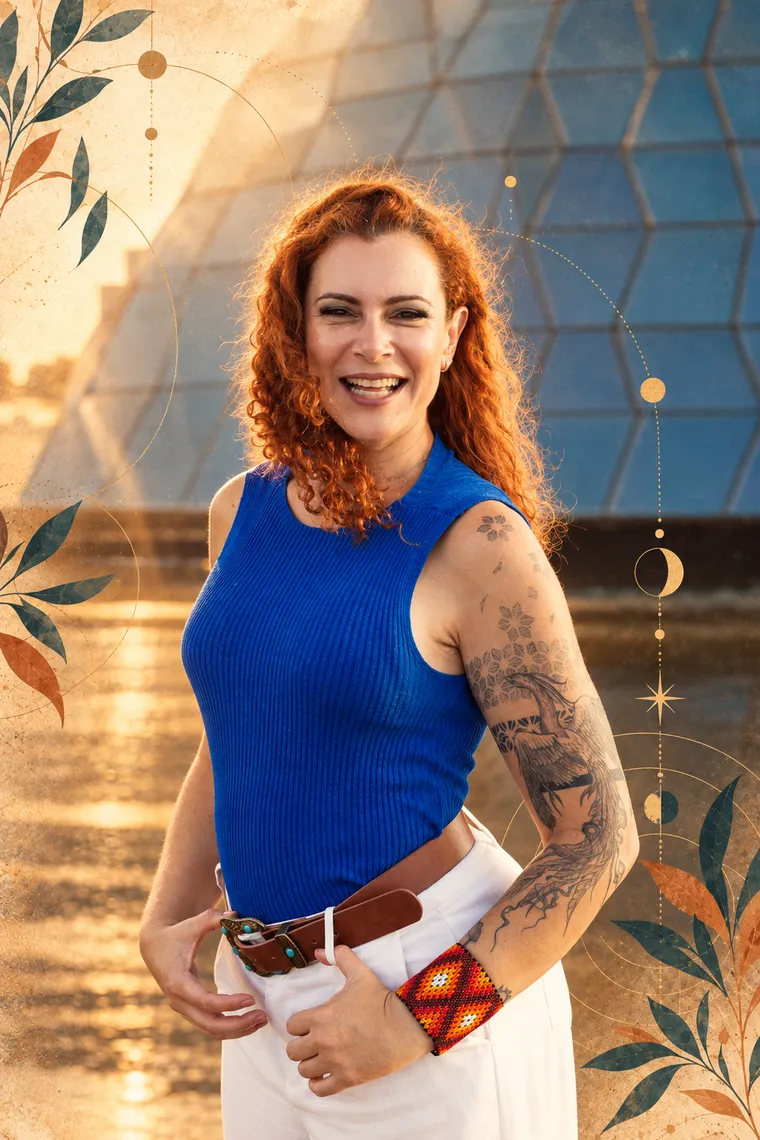 Jaya sorrindo, de regata azul, diante da cúpula de vidro do Museu Nacional