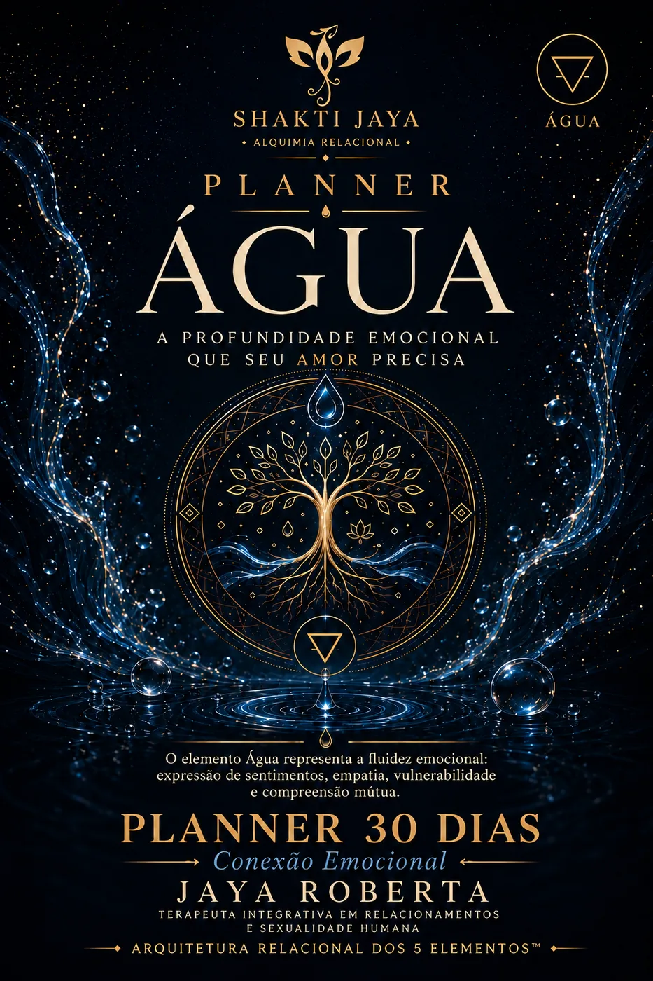 Capa azul-escura e dourada do Planner Água, Conexão Emocional, de JAYA Roberta