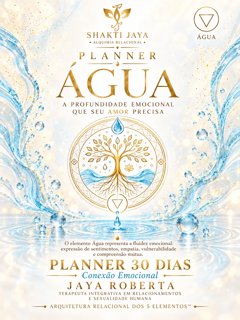 Capa clara do Planner Água, em branco e dourado, com a árvore entre ondas de água
