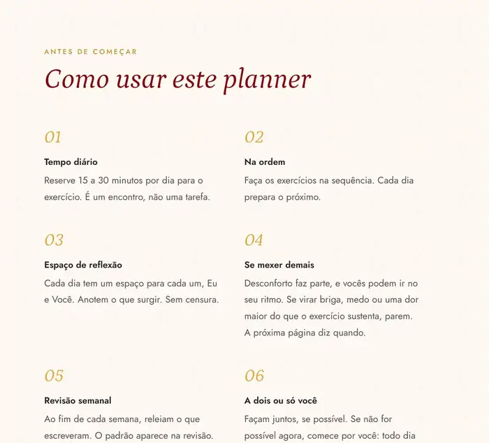 Página "Como usar este planner", com as seis orientações de uso.