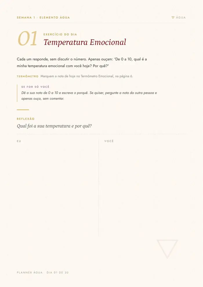 Página do dia 1, "Temperatura Emocional", com o exercício e o espaço de reflexão.