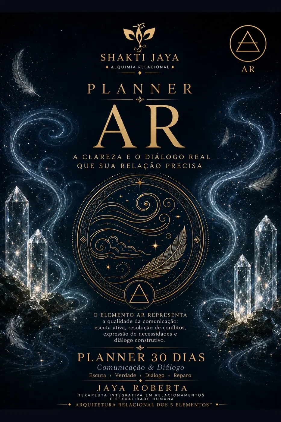 Capa azul-marinho e dourada do Planner Ar, Comunicação e Diálogo, de JAYA Roberta