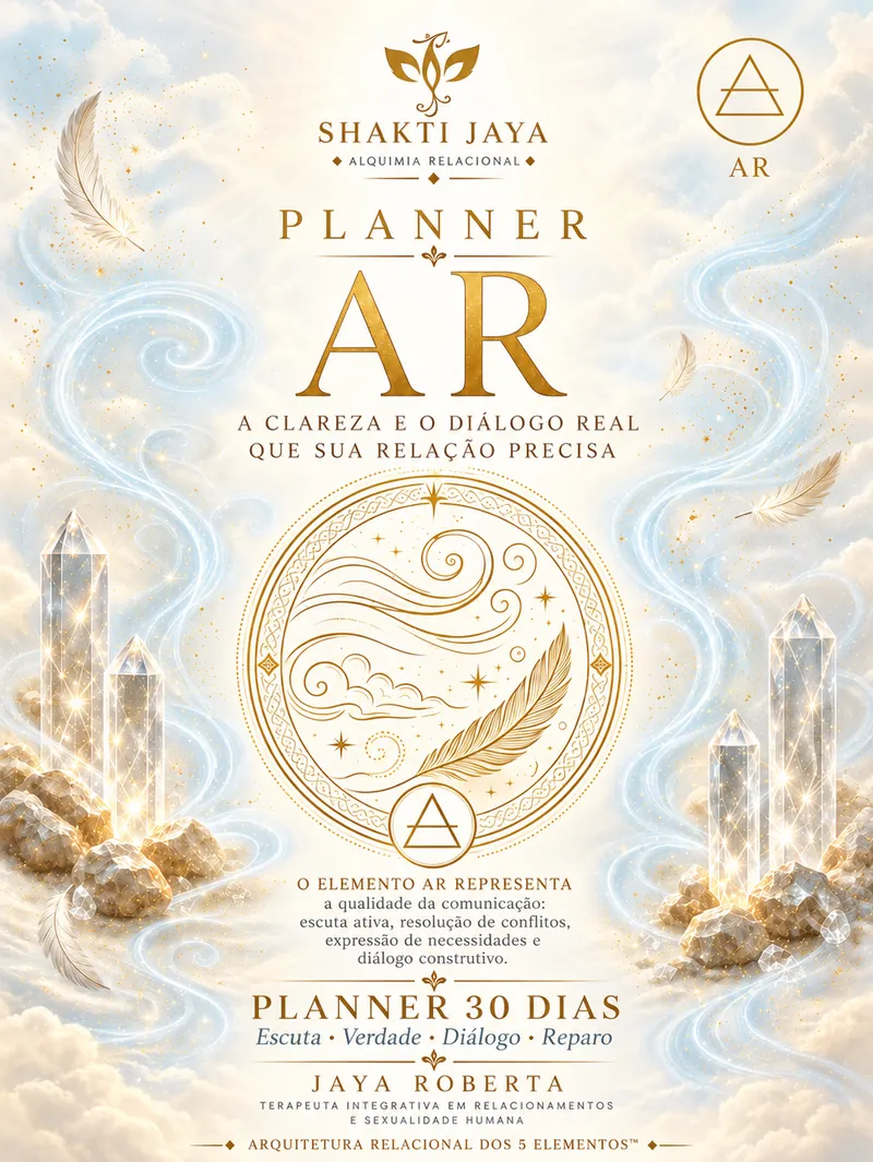Capa clara do Planner Ar, em branco e dourado, com uma pena e cristais entre nuvens
