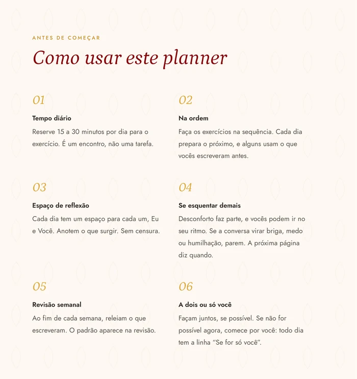 Página "Como usar este planner", com as seis orientações de uso.