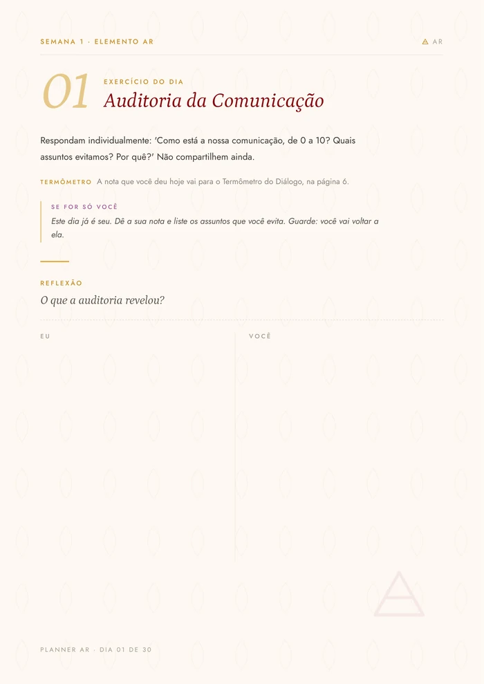 Página do dia 1, "Auditoria da Comunicação", com o exercício e o espaço de reflexão.