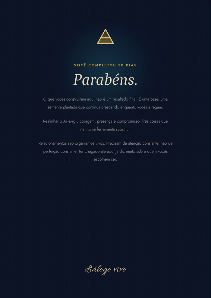 Página final "Parabéns", em azul-noite e dourado, assinada "diálogo vivo".