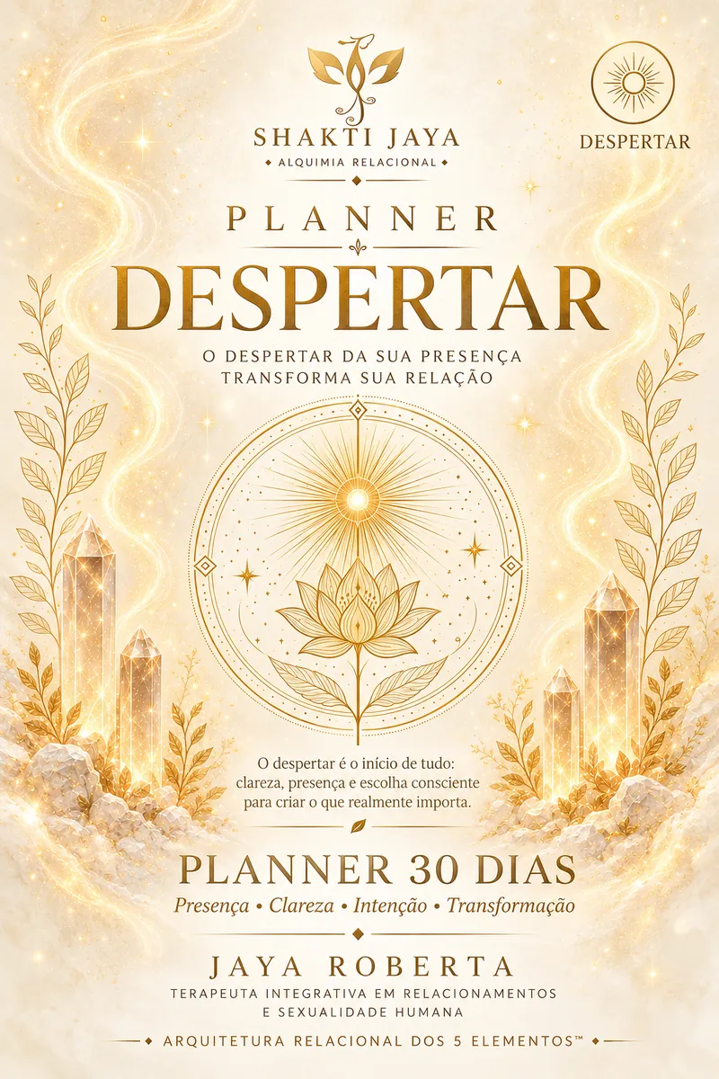 Capa clara do Planner Despertar, em creme e dourado, com o sol e a flor de lótus entre cristais