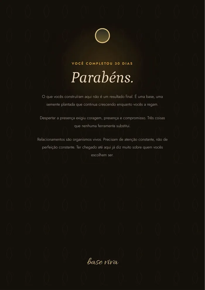 Página final "Parabéns", em fundo escuro e dourado, assinada "base viva".