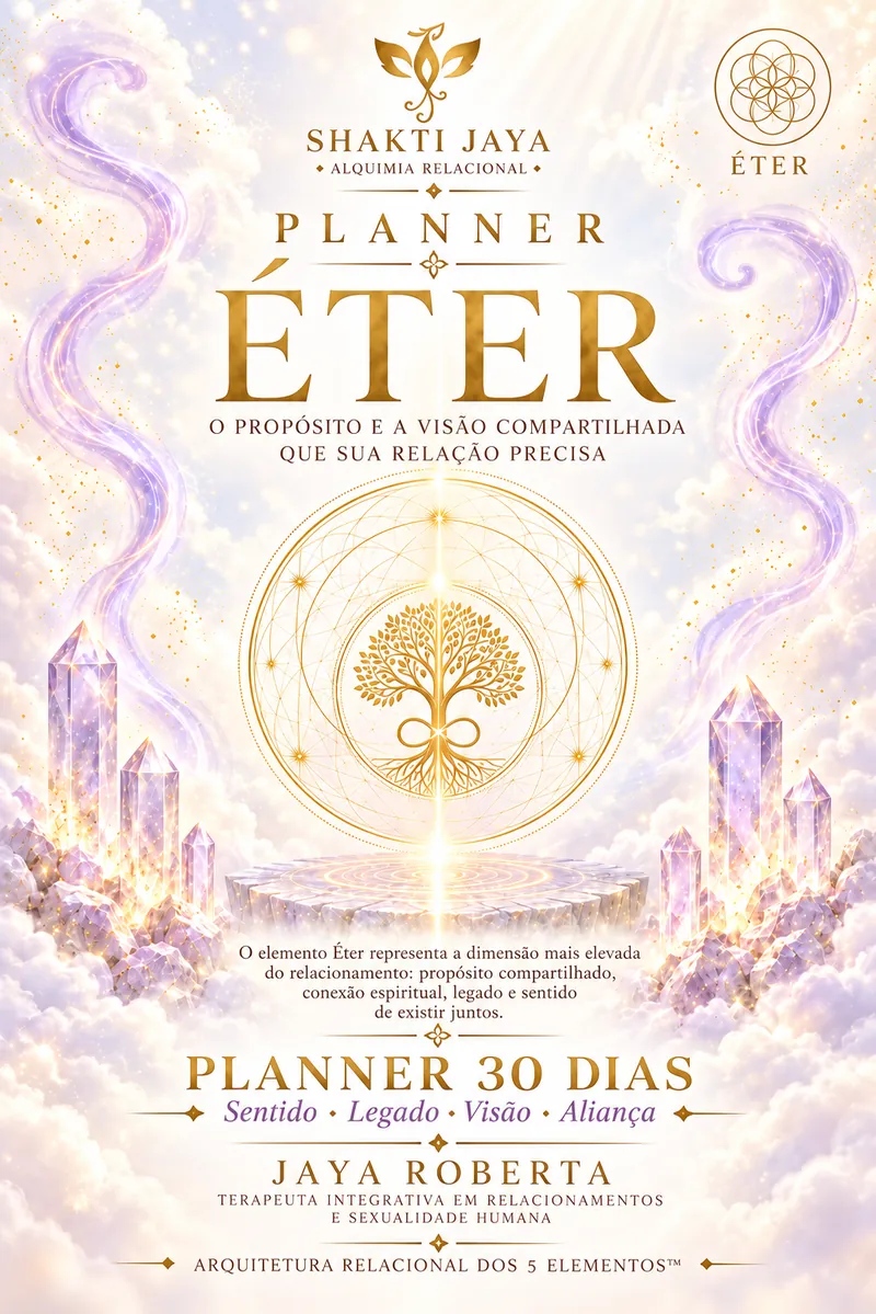 Capa clara do Planner Éter, em branco, lilás e dourado, com a árvore dourada entre cristais e nuvens