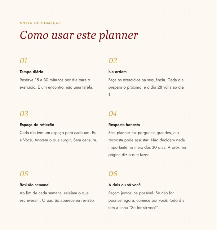 Página "Como usar este planner", com as seis orientações de uso.