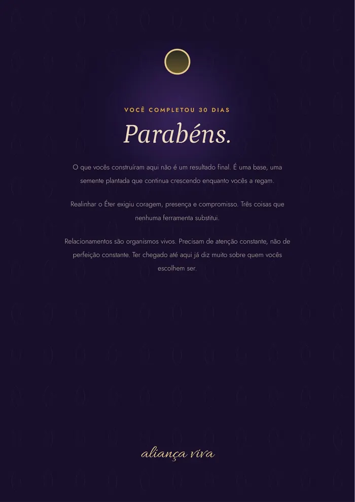 Página final "Parabéns", em fundo escuro e dourado, assinada "aliança viva".