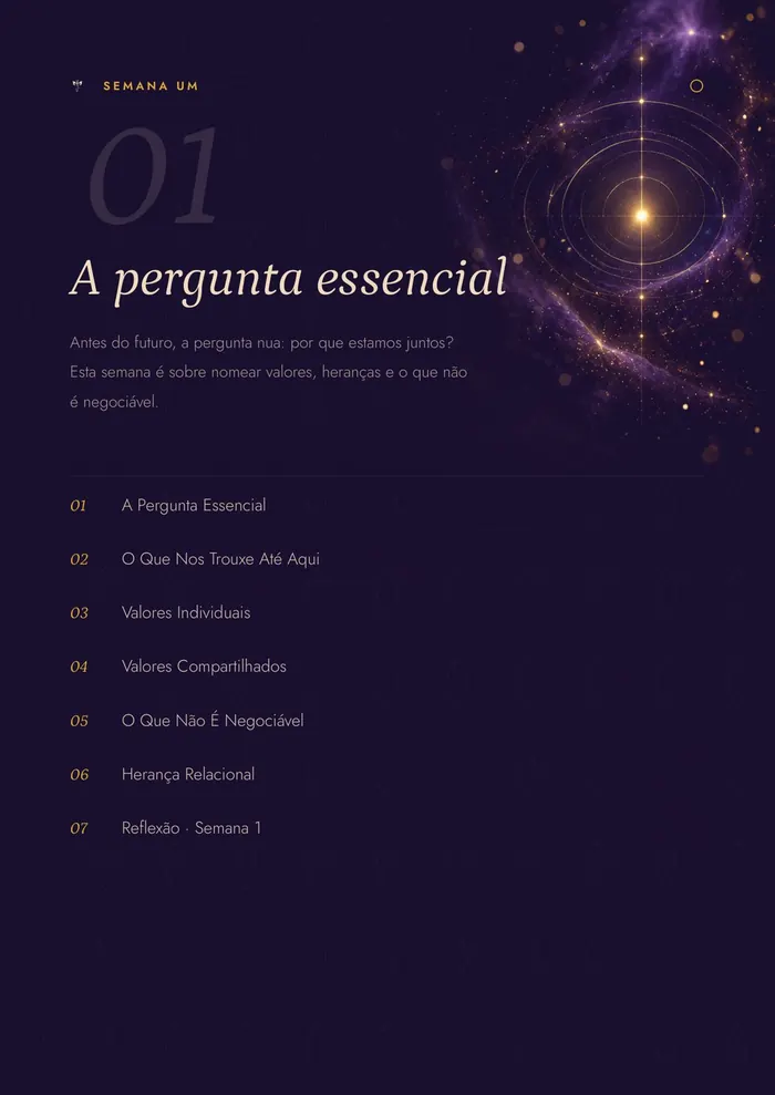 Abertura da semana um, "A pergunta essencial", em fundo violeta-noite com uma estrela dourada, e a lista dos sete dias.