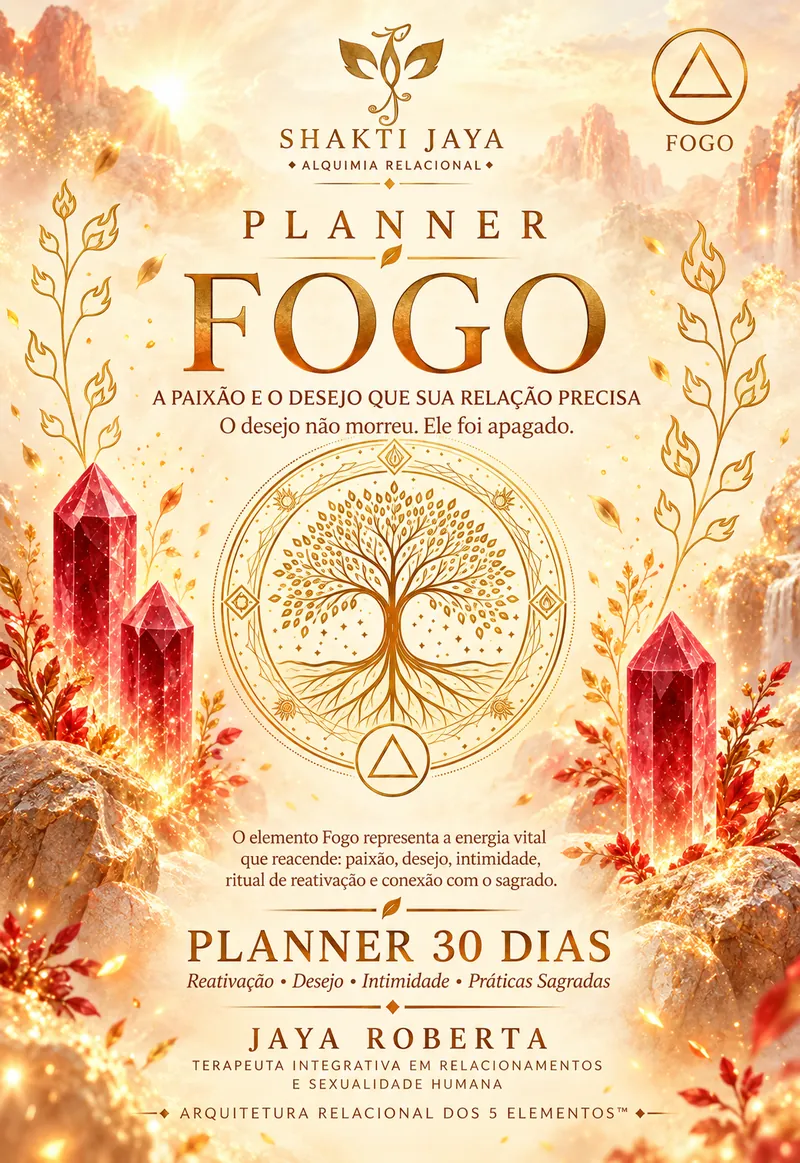 Capa clara do Planner Fogo, em creme, dourado e vermelho, com a árvore dourada entre cristais vermelhos