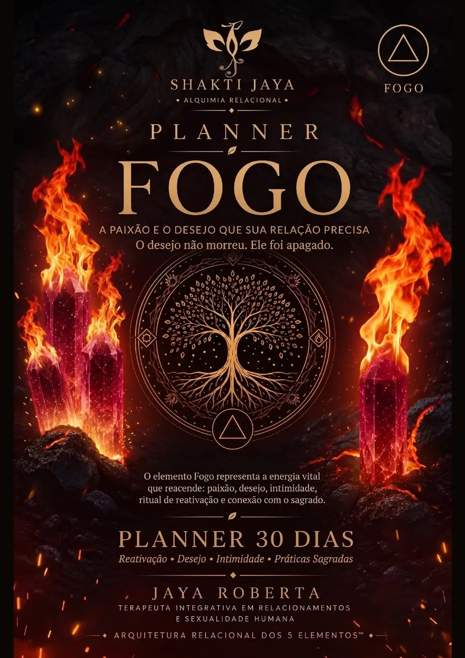 Capa escura do Planner Fogo, A paixão e o desejo que sua relação precisa, de JAYA Roberta, com uma árvore dourada entre chamas e cristais vermelhos