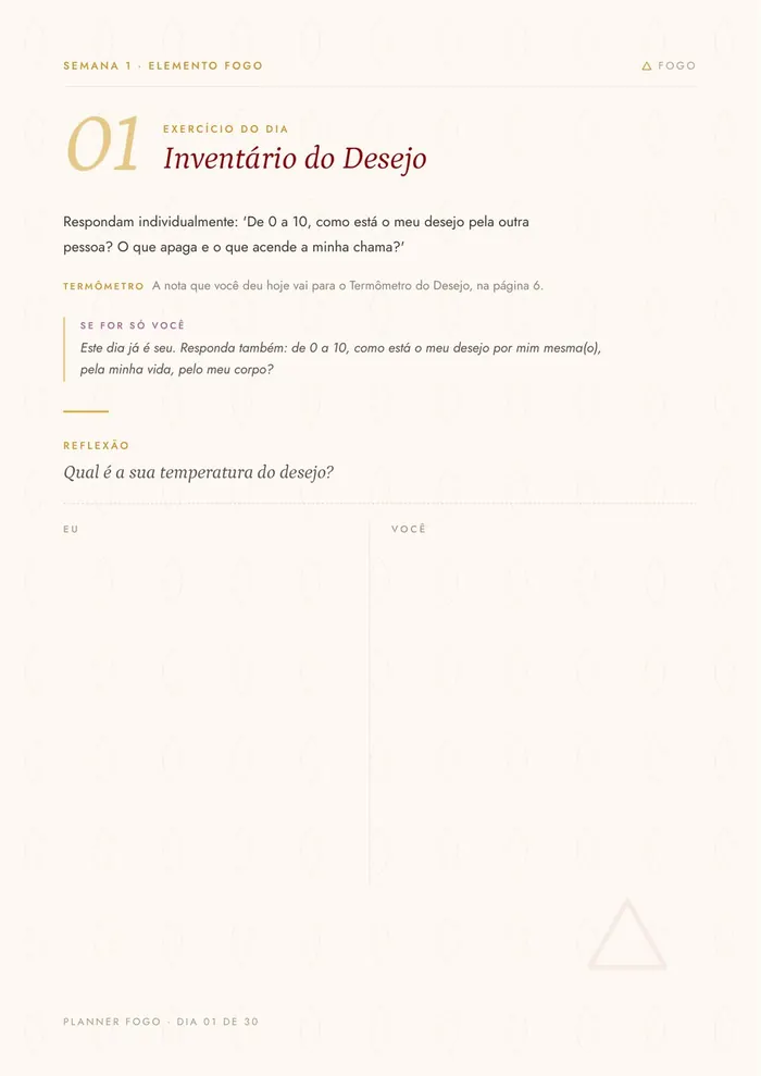 Página do dia 1, "Inventário do Desejo", com o exercício e o espaço de reflexão.