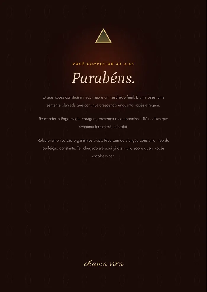 Página final "Parabéns", em fundo escuro e dourado, assinada "chama viva".