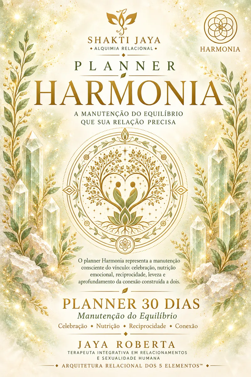 Capa clara do Planner Harmonia, em creme, verde e dourado, com o casal dourado dentro de um coração de ramos entre cristais