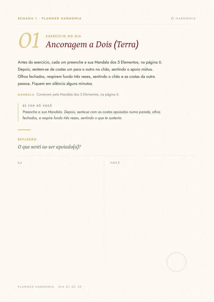 Página do dia 1, "Ancoragem a Dois", com o exercício e o espaço de reflexão.