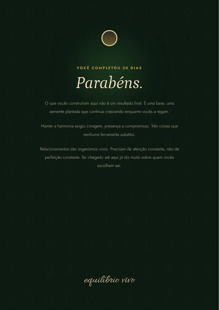 Página final "Parabéns", em fundo escuro e dourado, assinada "equilíbrio vivo".