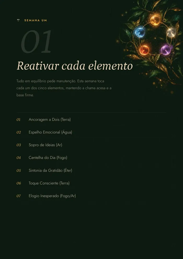 Abertura da semana um, "Reativar cada elemento", em fundo verde-noite com cinco esferas de luz, e a lista dos sete dias.