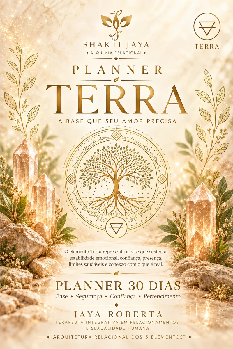 Capa clara do Planner Terra, em creme e dourado, com a árvore de raízes entre cristais