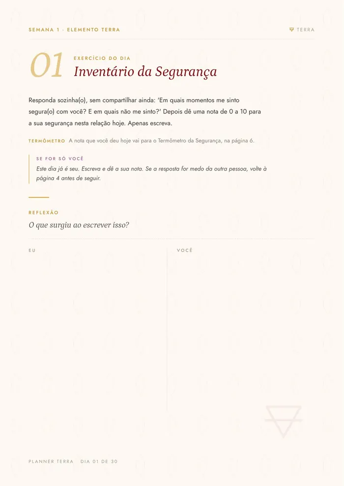 Página do dia 1, "Inventário da Segurança", com o exercício e o espaço de reflexão.