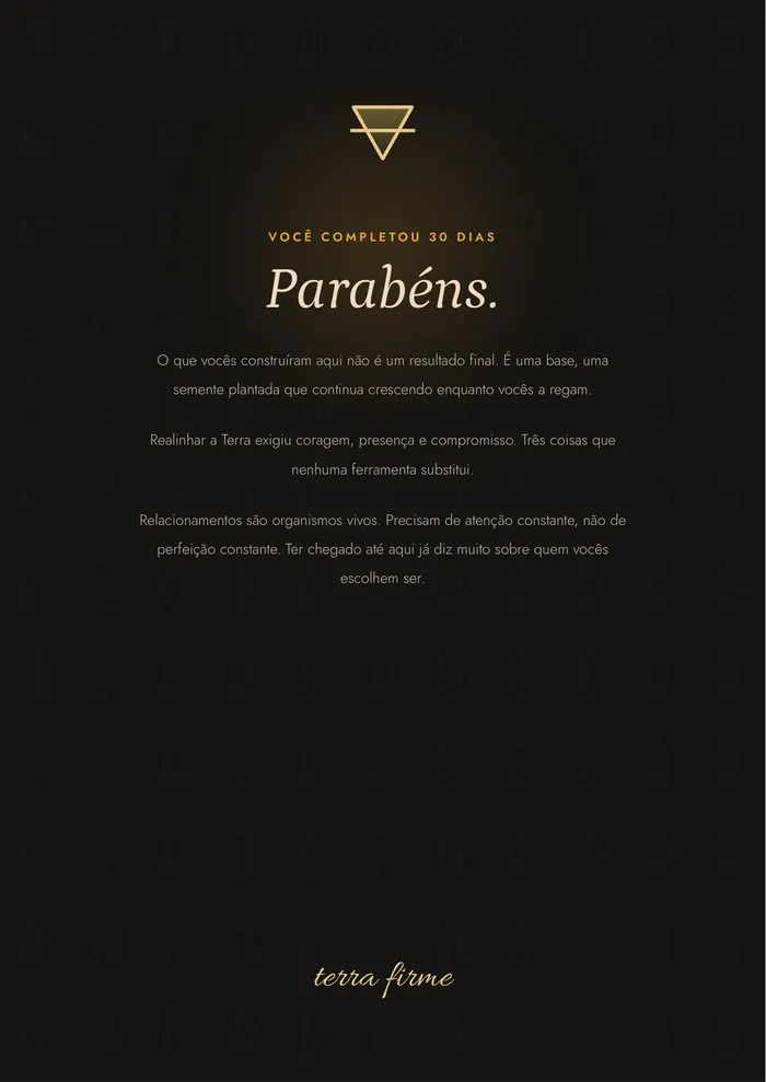 Página final "Parabéns", em fundo escuro e dourado, assinada "terra firme".
