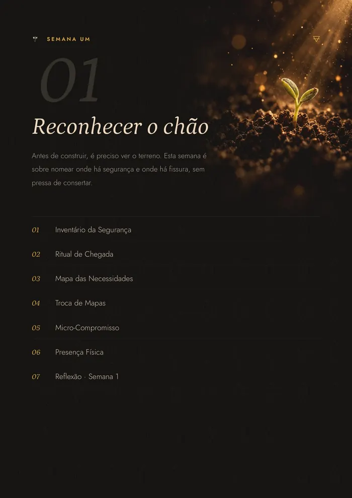 Abertura da semana um, "Reconhecer o chão", em fundo escuro com um broto na terra, e a lista dos sete dias.